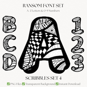 May include: Black and white digital font set featuring letters A, B, C, D, and numbers 1, 2, 3. The letters and numbers are filled with intricate patterns. The text "RANSOM FONT SET" and "SCRIBBLES SET 4" are displayed.