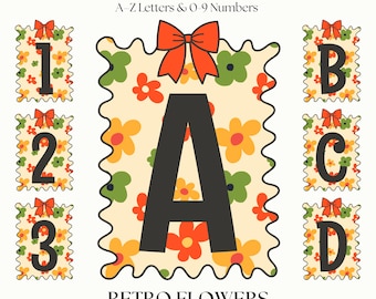 Retro Floral PNG Fonts | Cute Flower Letters & Numbers | Alphabet Clipart Decorative Lettering Set | Monogram Initials