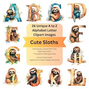 Sloth Clipart Animal Alphabet Watercolor Letters PNG for Cute Fonts Cricut Designs, Instant Download Commercial Use Art Sublimation Files