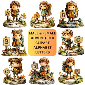 Alfabetletters karakter clipart avonturier | PNG's voor reismeisjes en jongens voor plakboeken, tijdschriften en kampeerknutsels | Camping-clipart op maat