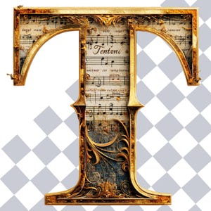 May include: Ornate gold letter "T" with a musical score background. The letter features intricate scrollwork and a textured, aged appearance. The word "Tentoni" is visible on the sheet music.