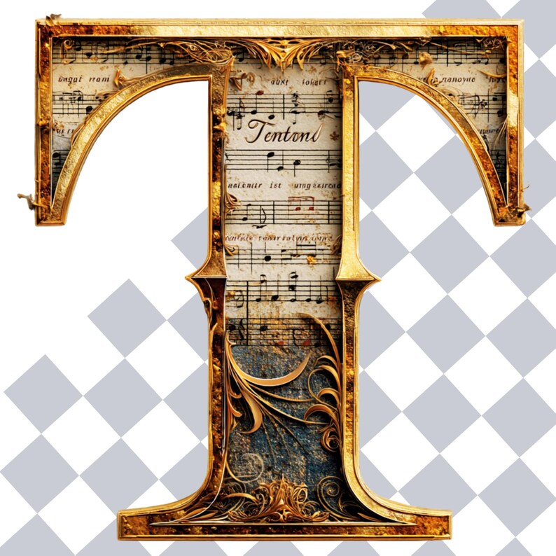 May include: Ornate gold letter "T" with a musical score background. The letter features intricate scrollwork and a textured, aged appearance. The word "Tentoni" is visible on the sheet music.