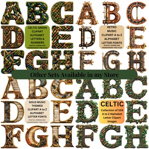 Puede incluir: Una colecci&oacute;n de im&aacute;genes predise&ntilde;adas de letras del alfabeto en varios estilos. Las letras incluyen dise&ntilde;os celtas verdes, m&uacute;sica retro y m&uacute;sica dorada. La imagen tambi&eacute;n incluye el texto "Other Sets Available in my Store."