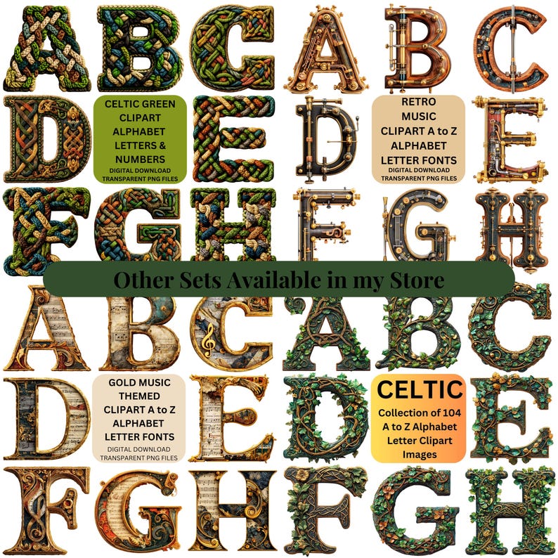 Puede incluir: Una colecci&oacute;n de im&aacute;genes predise&ntilde;adas de letras del alfabeto en varios estilos. Las letras incluyen dise&ntilde;os celtas verdes, m&uacute;sica retro y m&uacute;sica dorada. La imagen tambi&eacute;n incluye el texto "Other Sets Available in my Store."