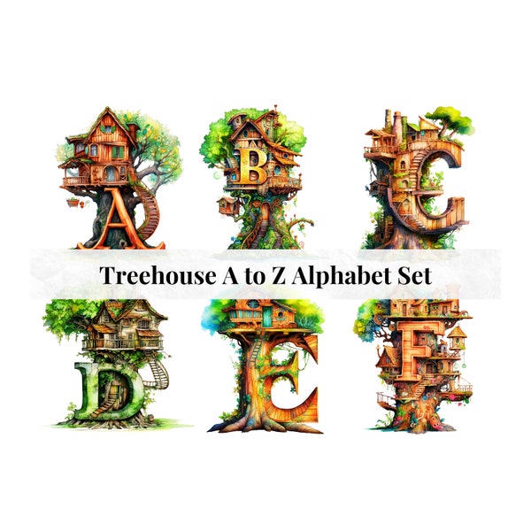 Treehouse Clipart Watercolor Letters PNG, Font for Cricut Designs, Fancy Alphabet, Commercial Licence Clip Art Files, Junk Journal Scrapbook