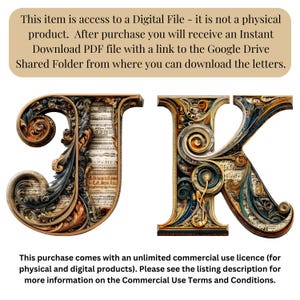 K&ouml;nnte beinhalten: Digitaldatei mit den Buchstaben "J" und "K". Die Buchstaben weisen ein detailliertes Design mit Noten und dekorativen Elementen in Gold-, Blau- und Braunt&ouml;nen auf. Der Text im Bild beschreibt die Digitaldatei und die gewerbliche Nutzungslizenz.