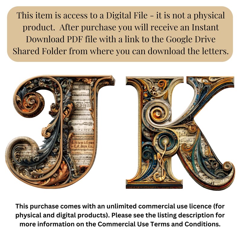 K&ouml;nnte beinhalten: Digitaldatei mit den Buchstaben "J" und "K". Die Buchstaben weisen ein detailliertes Design mit Noten und dekorativen Elementen in Gold-, Blau- und Braunt&ouml;nen auf. Der Text im Bild beschreibt die Digitaldatei und die gewerbliche Nutzungslizenz.
