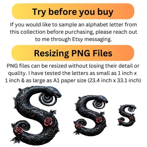May include: A black and white image of a stylized letter 'S' with a snake design and red roses. The image shows the letter 'S' at three different sizes, demonstrating how the image can be resized without losing detail. The text 'Try before you buy' and 'Resizing PNG Files' is also included in the image.