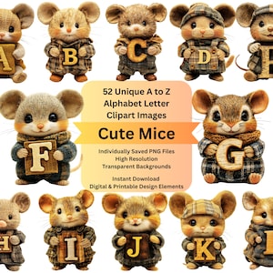 Mice Clipart Alphabet Letter PNG Files, Mouse Clip Art Whimsical Cute Animals for Scrapbooking, Junk Journaling & DIY Crafts Cricut Designs
