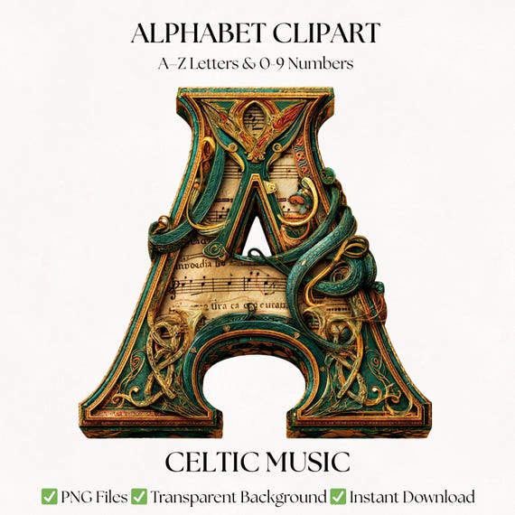 Celtic Music Clipart Alphabet | Irish Knot PNG Letters & Numbers | Digital Download