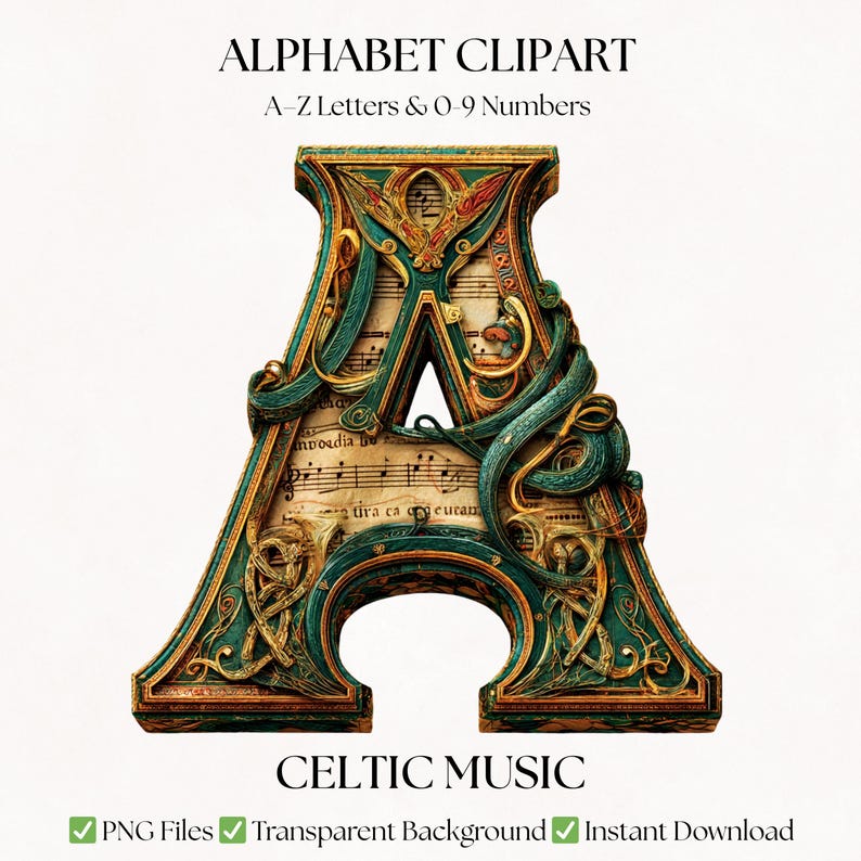 Alfabeto de imágenes prediseñadas de música celta / Nudo irlandés PNG Letras y números / Descarga digital imagen 1