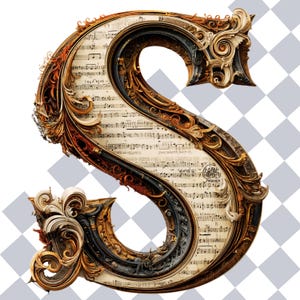 K&ouml;nnte beinhalten: Verziertes "S" mit einem Hintergrund aus Notenbl&auml;ttern. Der Buchstabe weist ein detailliertes, Vintage-Design mit goldenen, braunen und schwarzen Akzenten auf. Das Innere ist mit Noten gef&uuml;llt und bildet ein einzigartiges Dekorationselement.