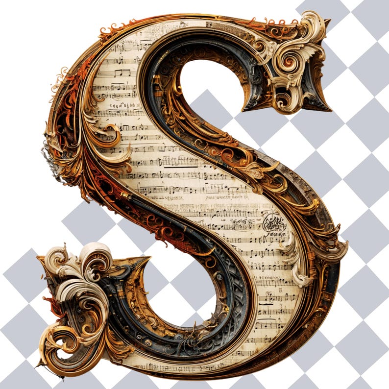 K&ouml;nnte beinhalten: Verziertes "S" mit einem Hintergrund aus Notenbl&auml;ttern. Der Buchstabe weist ein detailliertes, Vintage-Design mit goldenen, braunen und schwarzen Akzenten auf. Das Innere ist mit Noten gef&uuml;llt und bildet ein einzigartiges Dekorationselement.