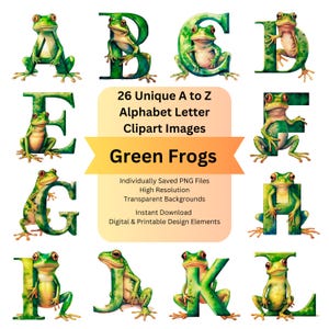 Frog Clipart Decorative Letters PNG for Animal Alphabet, Cute Illustrations Watercolor Clipart, Commercial Use Design Elements, Junk Journal