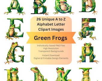 Frog Clipart Decorative Letters PNG for Animal Alphabet, Cute Illustrations Watercolor Clipart, Commercial Use Design Elements, Junk Journal
