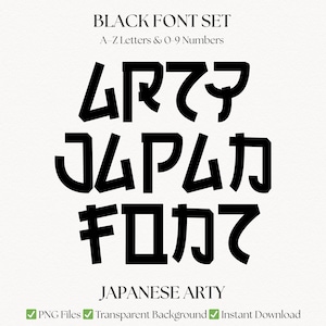 May include: A black font set with Japanese characters and numbers. The image includes the text "BLACK FONT SET", "A-Z Letters & 0-9 Numbers", and "JAPANESE ARTY". The image also includes the text "PNG Files", "Transparent Background", and "Instant Download".
