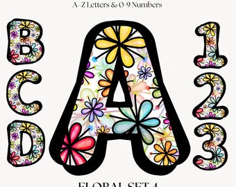 Floral Alphabet Letters & Numbers | Retro Flower PNG Clipart Monogram Initials | Lettering Font | Digital Download