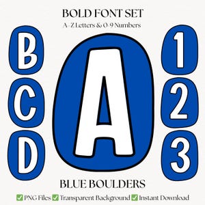 May include: A digital graphic featuring bold, blue letters and numbers in a rounded font. The letters B, C, D, and A are displayed, along with the numbers 1, 2, and 3. Text at the top reads "BOLD FONT SET" and "A-Z Letters & 0-9 Numbers."