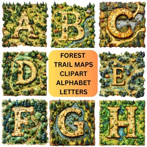 Wald Weg Karte Clipart Alphabet Buchstaben | Wandern PNG Bergabenteuer | Druckbare digitale Clipart für Reisejournal & Scrapbooking