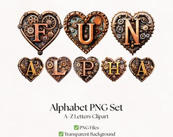 Steampunk Heart Alphabet Clipart Letters, Vintage PNG Font Images (Digital Download)