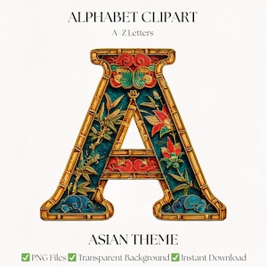 Aziatische clipartbrief PNG-bundel | Oosterse bloemenalfabetlettertypen | Digitale download
