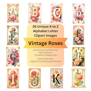 Rose Digital Paper for Vintage Ephemera Alphabet Letters PNG, Decoupage Papers, Scrapbook Supplies, Junk Journal Kit, Printable Paper Bundle