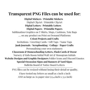 May include: A text-based graphic listing the many uses for transparent PNG files. The graphic lists uses such as digital stickers, clipart, letters, papers, sublimation graphics, Cricut projects, invitations, greeting cards, junk journals, scrapbooking, classroom and homeschooling letters, flash cards, decor, website designs, special occasion signs, banners, yard signs, bulletin board and notice board letters. The graphic also states that PNG files can be resized without losing detail or quality and that the letters have been tested at sizes as small as 1 inch by 1 inch and as large as 23.4 inches by 33.1 inches.