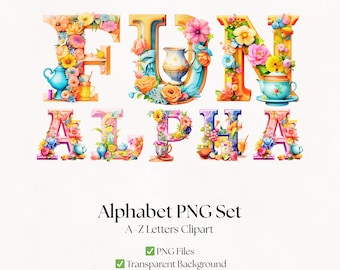 Floral Clipart Alphabet Letters | PNG Tea Party Font Images | Pastel Typography Design Bundle
