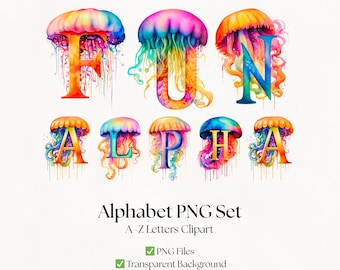 Jellyfish Clipart Alphabet Letters | PNG Under The Sea Fonts | Ocean Typography | Digital Download