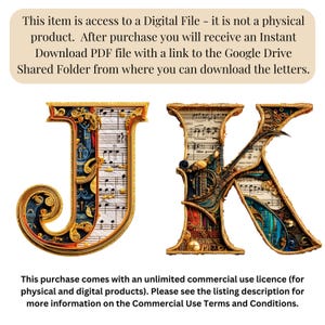 May include: Ornate digital file of the letters "J" and "K". The letters are gold-colored with intricate designs, including musical notes and a variety of colors. The image includes text about the digital file and commercial use.