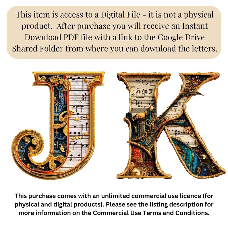 May include: Ornate digital file of the letters "J" and "K". The letters are gold-colored with intricate designs, including musical notes and a variety of colors. The image includes text about the digital file and commercial use.