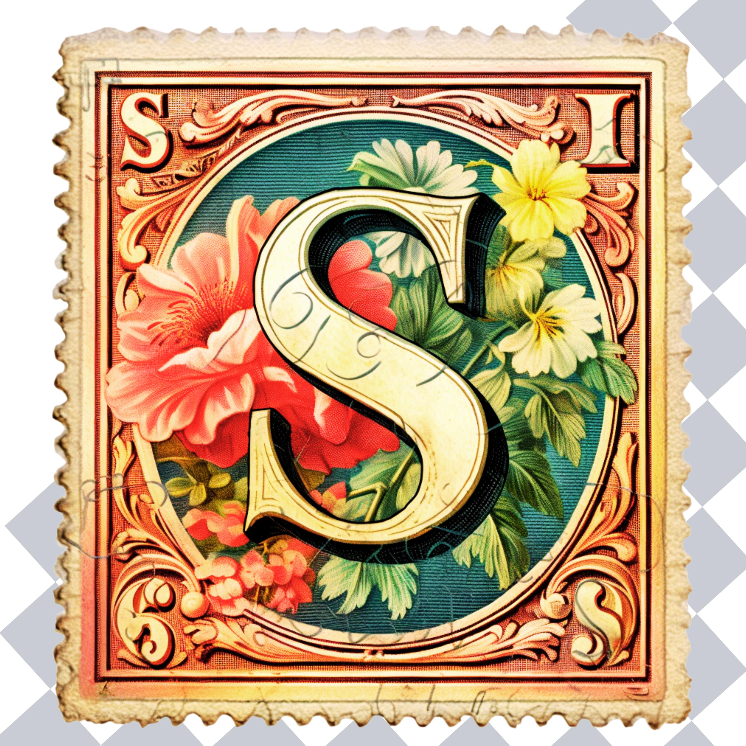 Postsage Signs For Letters Vintage Postage Stamp Clipart Alphabet Letters | PNG Floral Fonts ...