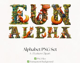 Woodland Animal Clipart Alphabet Letters | Fantasy Forest Themed PNG Lettering Designs | Digital Download