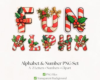 Candy Cane Clipart Alphabet Letters and Numbers | PNG Christmas Fonts | Fun Holiday Typography Designs