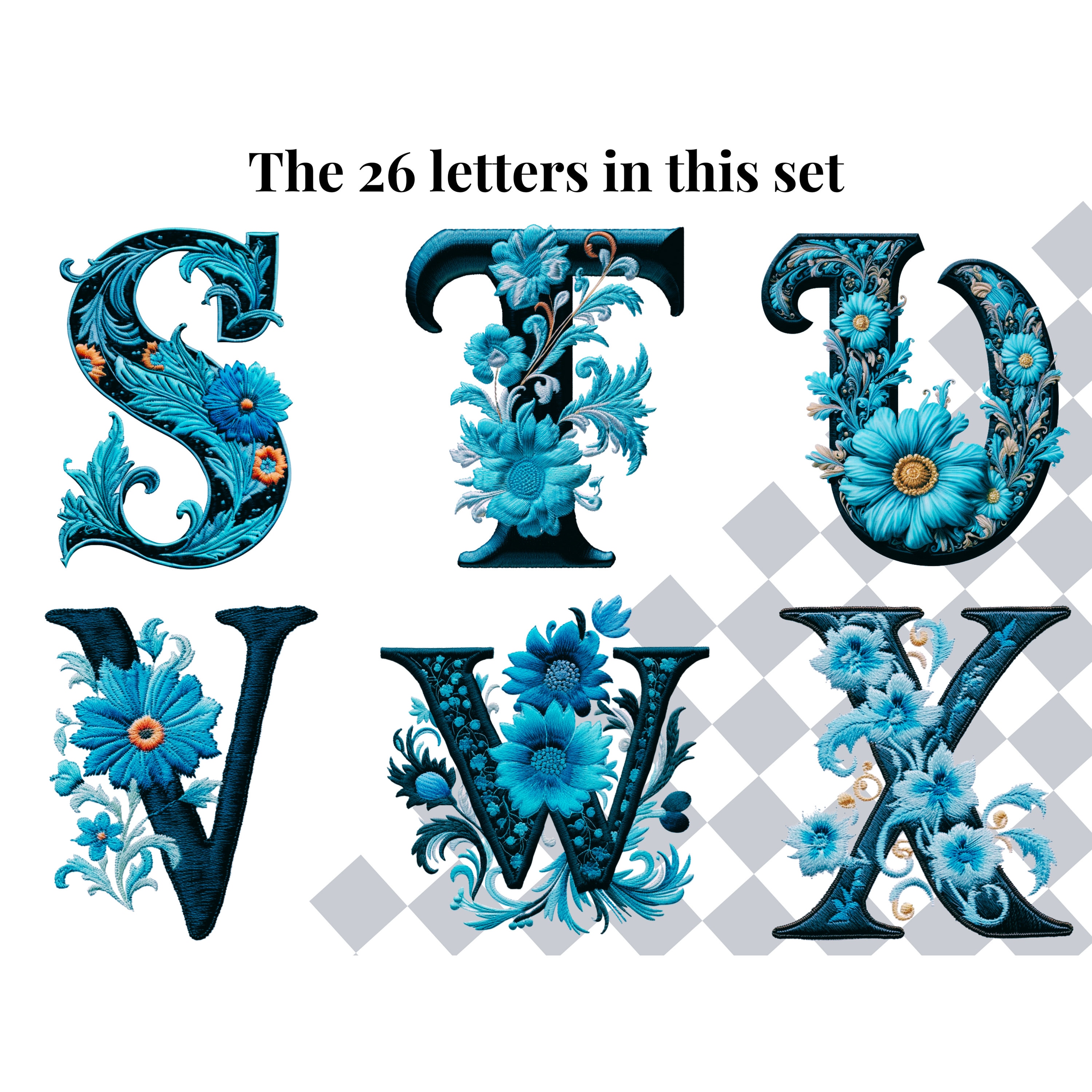 Flower Clipart Alphabet Letters | Blue Floral PNG Font Designs ...