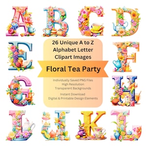 Floral Alphabet Tea Party Letters PNG for Pastel Clipart Vintage Ephemera, Cute Cricut Fonts, Decorative Elements, DIY Arts and Crafts Cards