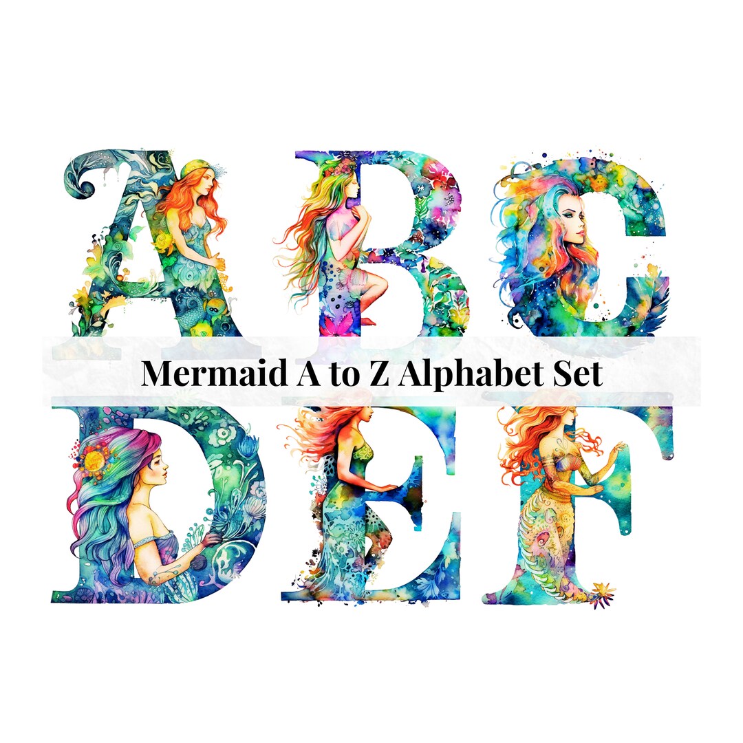 Watercolor Clipart Alphabet Letters PNG Files for Mermaid Digital ...