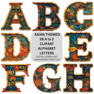 Asiatische Themen Clipart Alphabet Buchstaben PNG Bundle | Orientalische Typografie, digitale und druckbare Buchstaben für Sublimationsinitialen, Canva Fonts