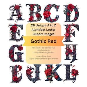 Gothic Clipart Alphabet Letters PNG Files for Red Rose Floral Digital Download, Scrapbooking Ephemera, Junk Journal, Cricut DIY Arts Crafts