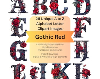 Gothic Clipart Alphabet Letters PNG Files for Red Rose Floral Digital Download, Scrapbooking Ephemera, Junk Journal, Cricut DIY Arts Crafts