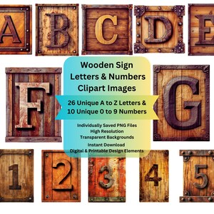 Wooden Letter Clipart Alphabet Designs for both Printable and Digital Use, Fancy Fonts Alphabet Letters and Numbers, Rustic Clip Art Images