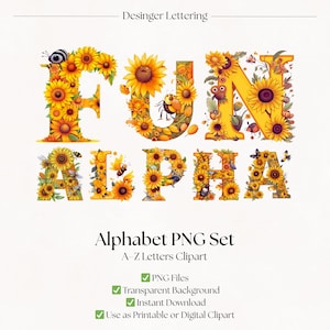 Sunflower and Bee Clipart Alphabet Letters | Fun Floral Fonts | PNG Flower Lettering | Digital Download