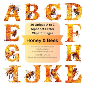 Bee Digital Clipart Alphabet Letters PNG for Bumble Bee Clip Art, Commercial Use Downloadable Fonts, Circut Designs, Bees Design Elements