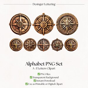 Vintage Compass Alphabet Letter Clipart | Bronze Travel Ephemera PNG (Digital Download)
