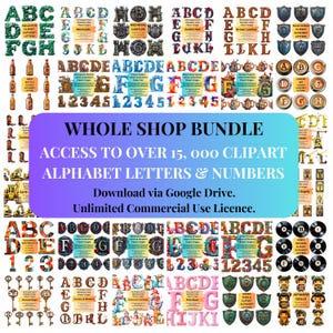 Paquete completo de letras y números del alfabeto clipart / Más de 15 000 archivos de imágenes PNG imprimibles y digitales / Uso comercial ilimitado