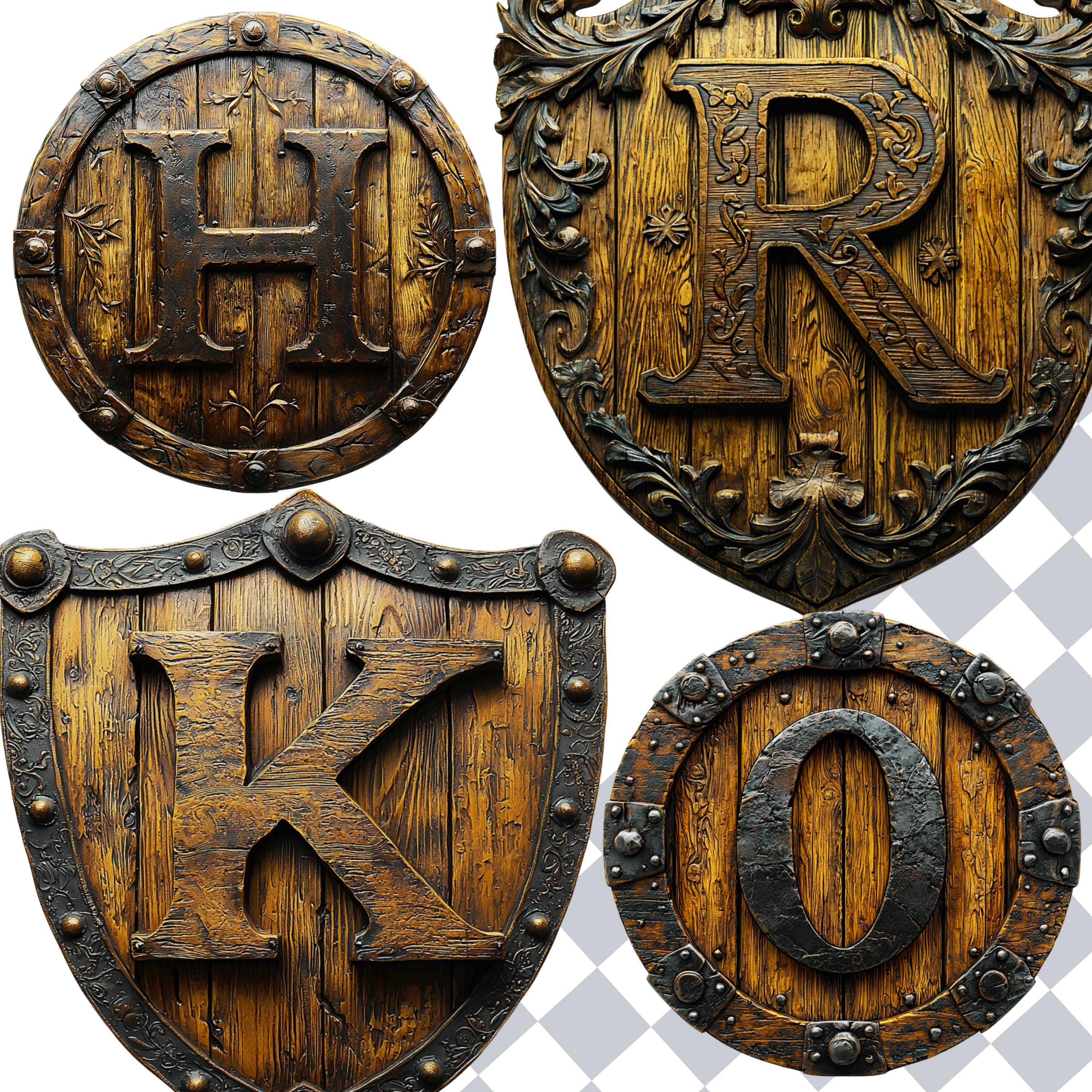 Shield Type Lettering Wooden Shield Alphabet Clipart | Fantasy Medieval Letters | Graphic ...