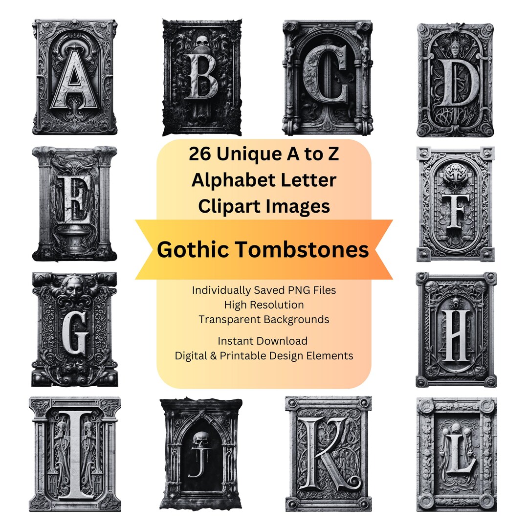 Tomestone Lettering Gothic Tombstone Alphabet Clipart: PNG Letters, Scrapbooking (digital ...