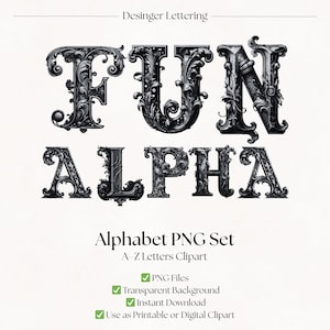 Gothic Black Rose Clipart Alphabet Letters | Floral PNG Fonts | Flower Typography Images | Digital Download