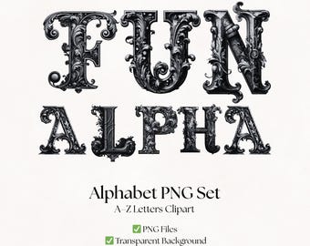 Gothic Black Rose Clipart Alphabet Letters | Floral PNG Fonts | Flower Typography Images | Digital Download