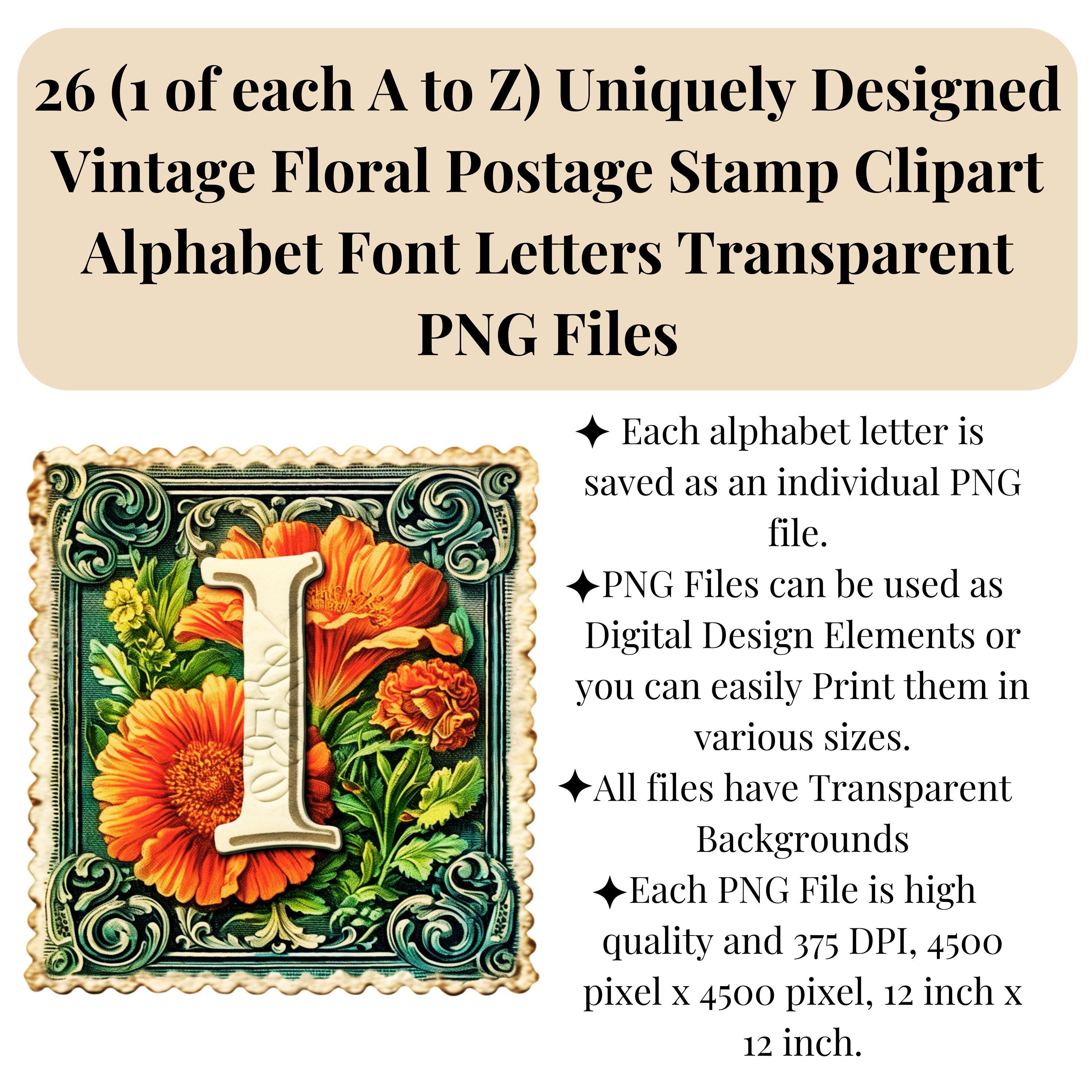 Postsage Signs For Letters Vintage Postage Stamp Clipart Alphabet Letters | PNG Floral Fonts ...